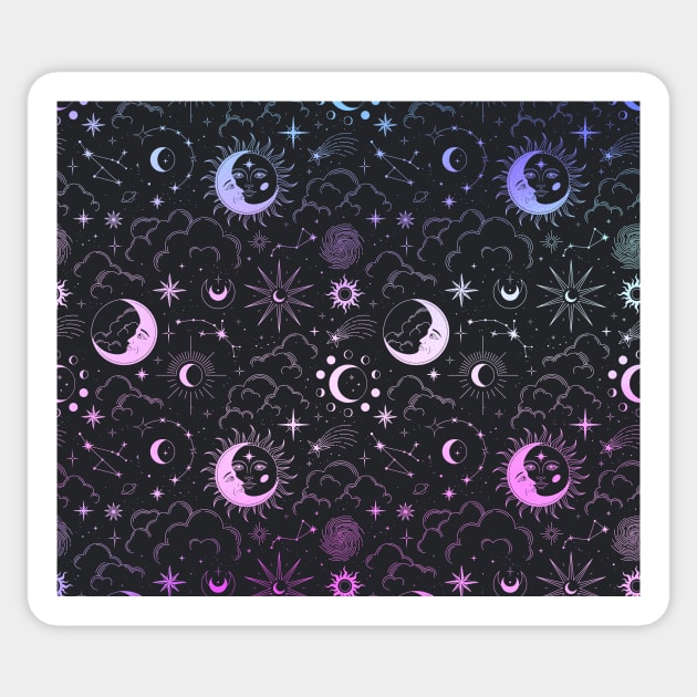 Celestial Witchy Pattern - Pink and Blue Gradient Sticker by rosiemoonart